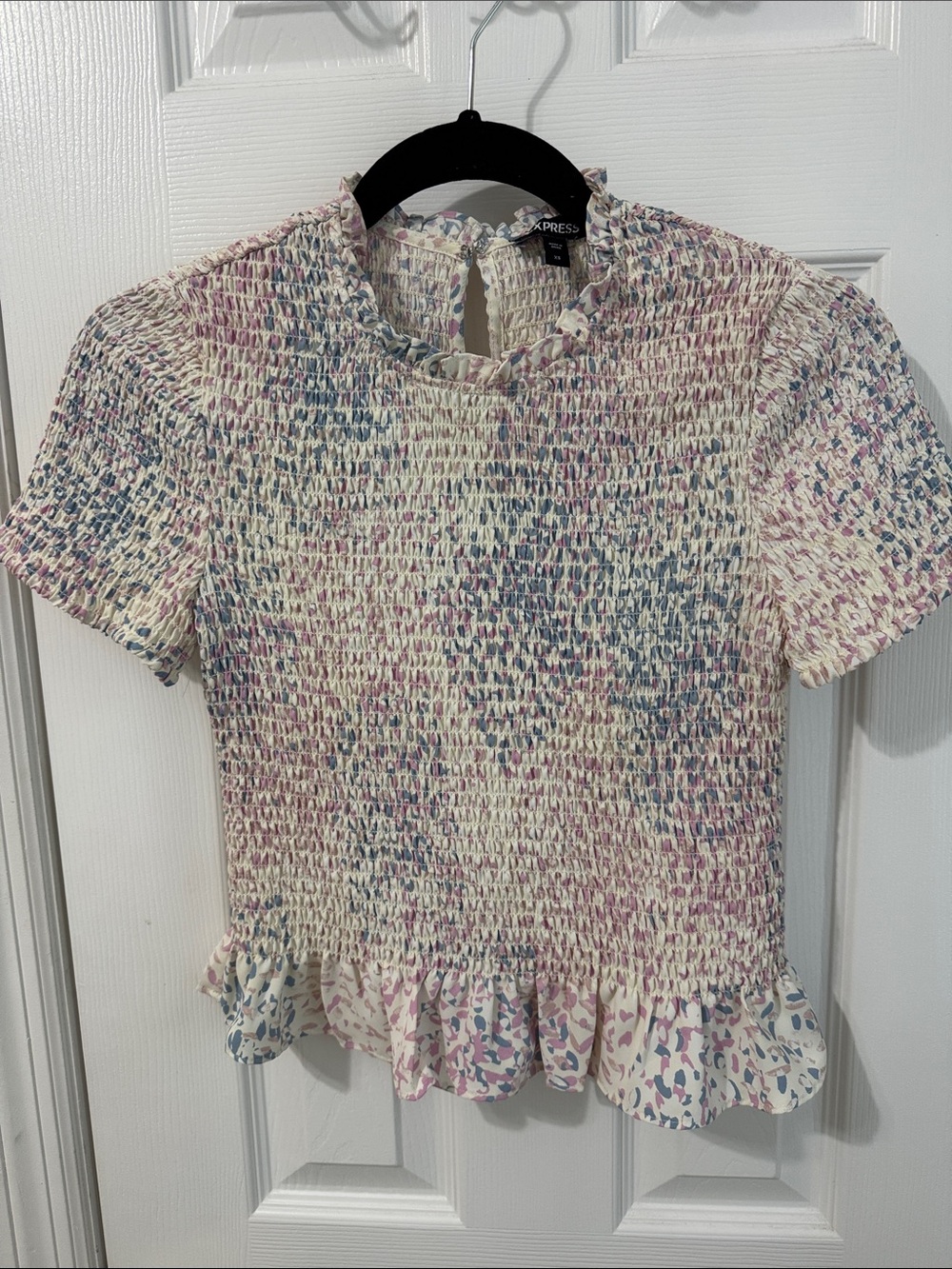 Express Pink & Blue Smocked Short Sleeve Ruffle Top